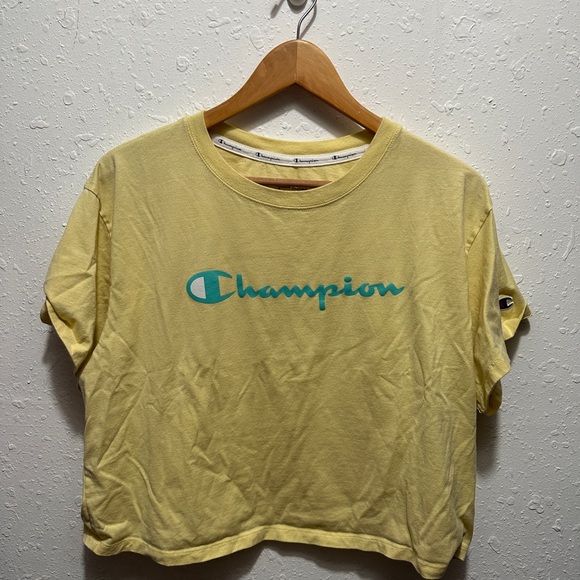 Champion Tops - Champion Crop Top Tee Yellow Teal Logo Short Sleeve Athletic Shirt XL